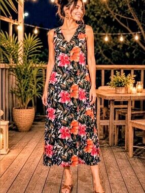VTG 90s Jamie Brooke Tropical Floral Maxi Summer Dress Button Up Hawaiian 6